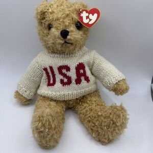 1992‎ Ty Beanie Baby Tan Bear w/ USA Sweater Red White Patriotic 8"